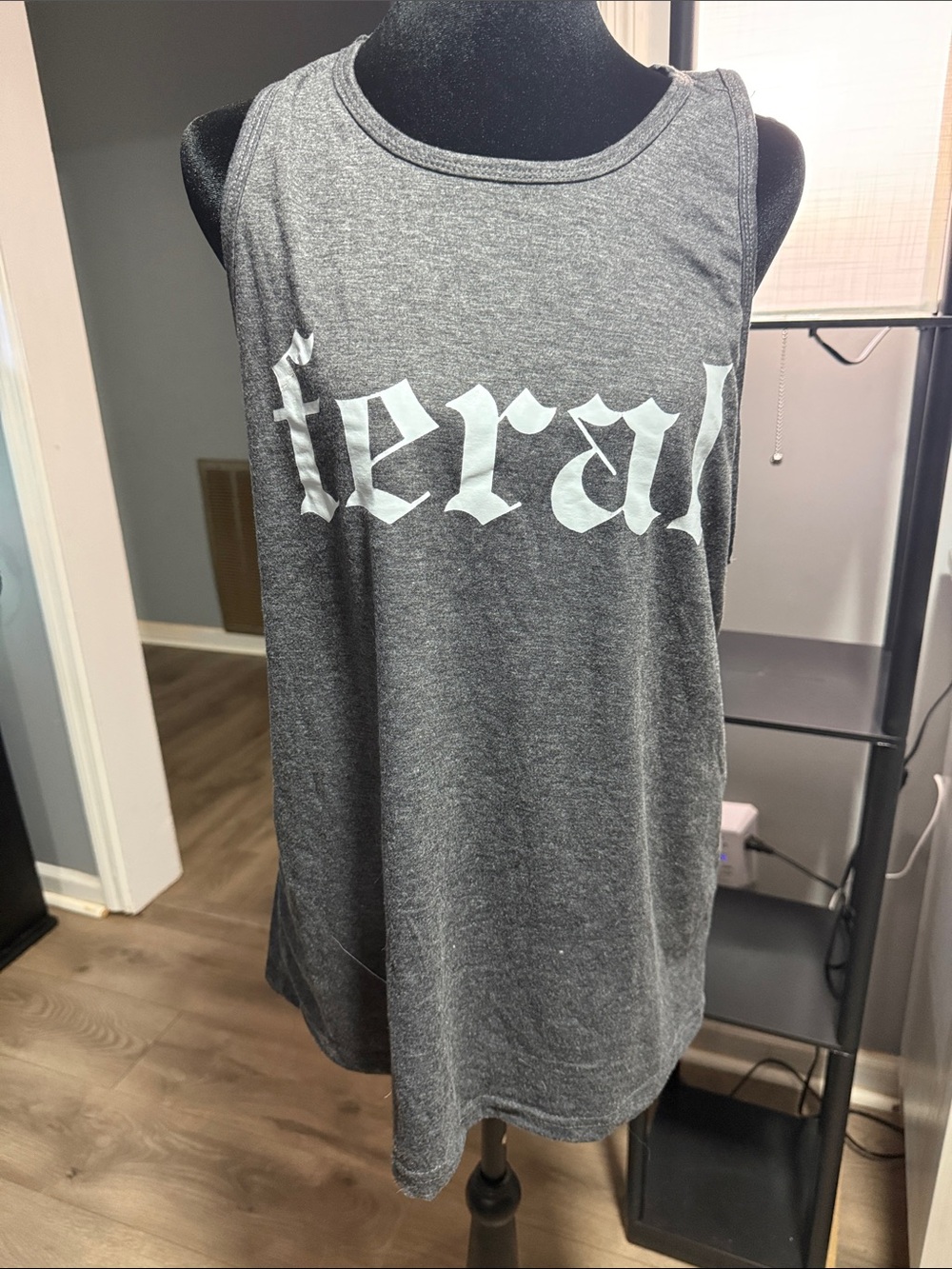 Gray Graphic Tank Top with feral Gothic Text